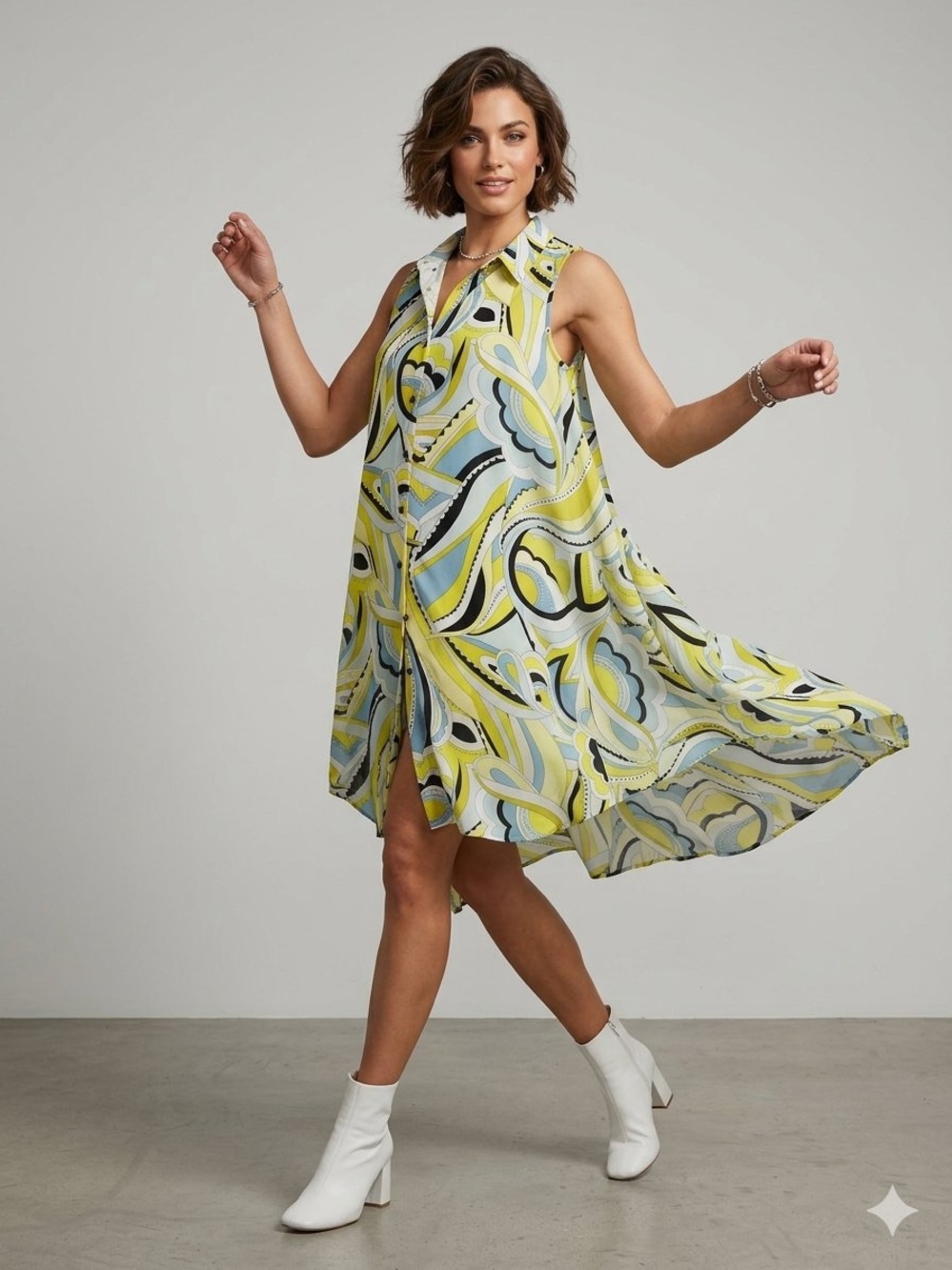 Mlle Gabrielle Sleeveless Collared Swing Dress in Yellow, Blue and Black